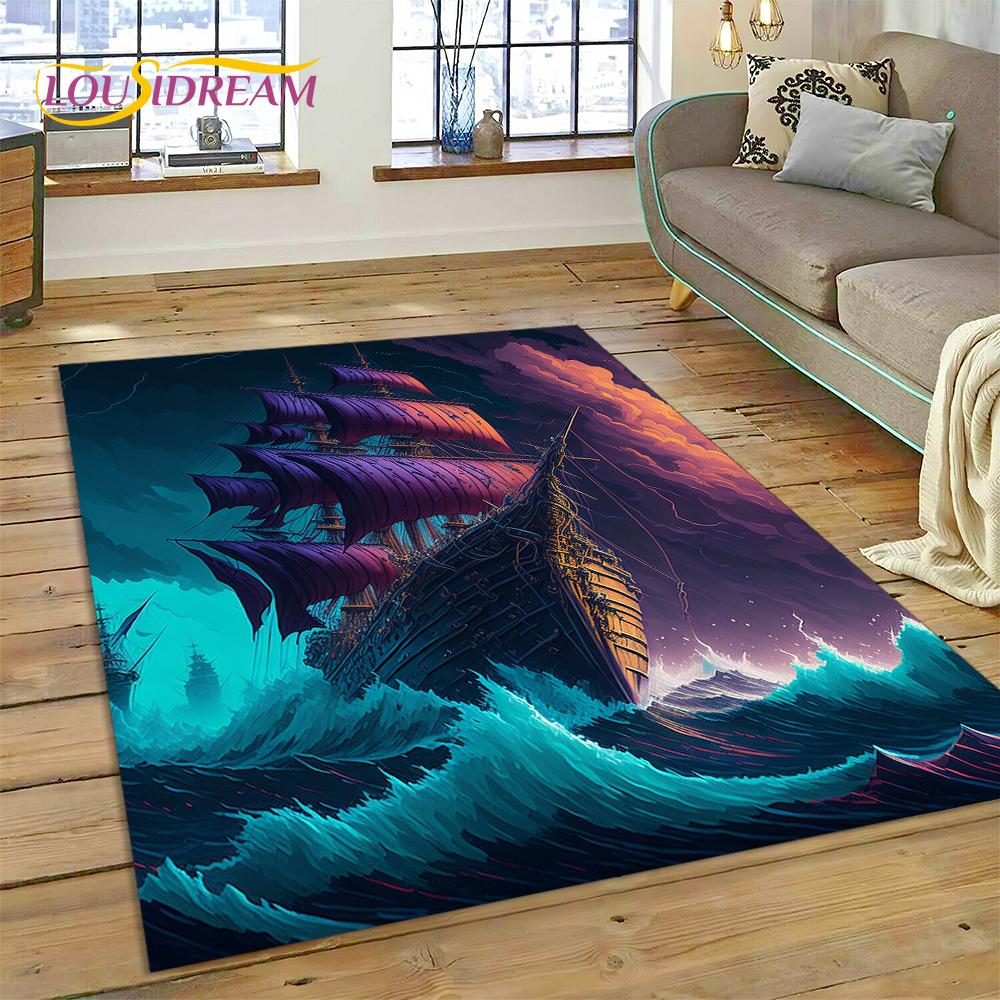 Ancient Pirate Ship Boat,Barque,Sailboa Rug Carpet for Living Room Bedroom Decor,Floor Mat Non-slip Decoration for Sofa Doormat