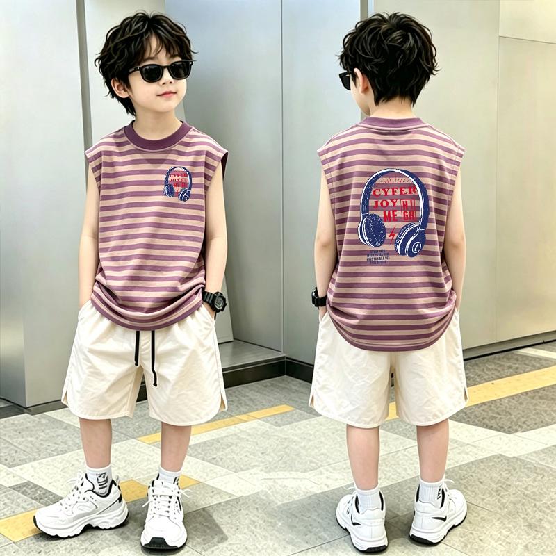 Boys' Summer Patchwork Striped Vest Set (Sleeveless, Ages 6-12)