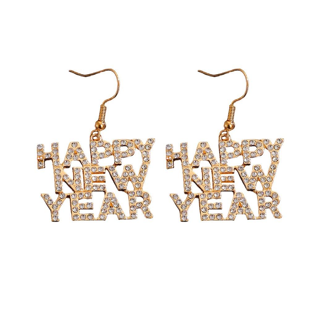

1 Pair Elegant New Year Earrings Shining Gold/Silver Dangling Earrings HAPPER NEW YEAR Metal Inlaid Letter Earrings for Women золотий