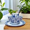 Blue & White Ceramic Tableware Set: Large 4-Piece with Rice and Small Soup Bowls, Plates for Farmhouse Dining.