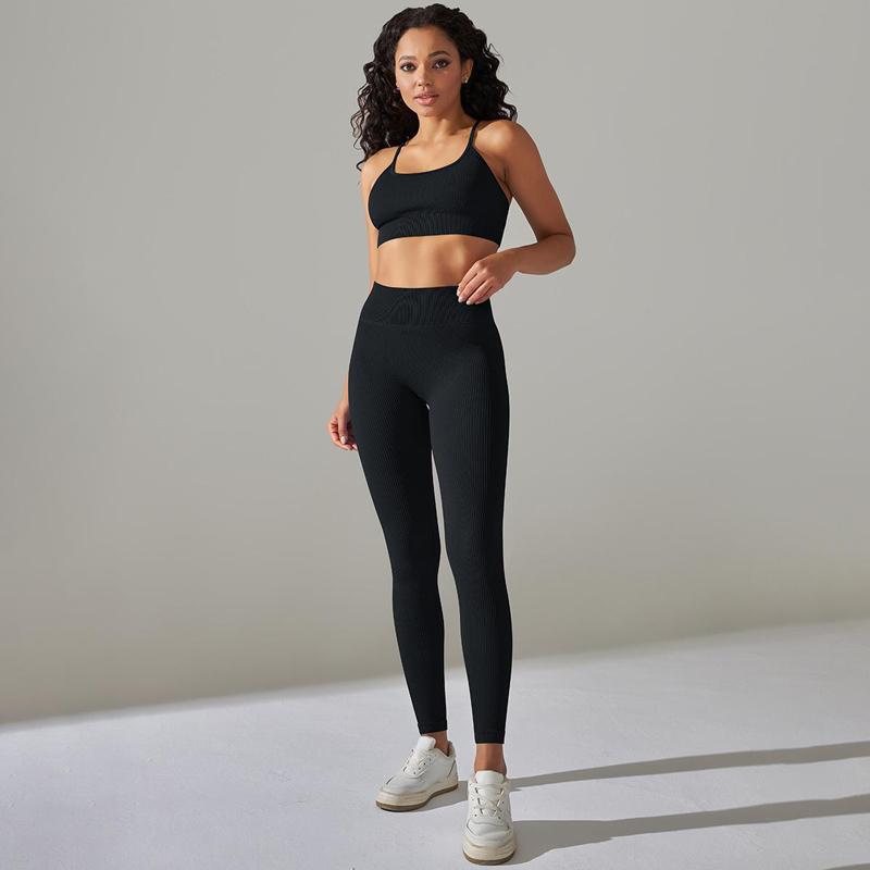 Ribbed Seamless Yoga Set Women Workout Clothes Gym Sportswear High Waist Leggings 2Pcs Sports Suits