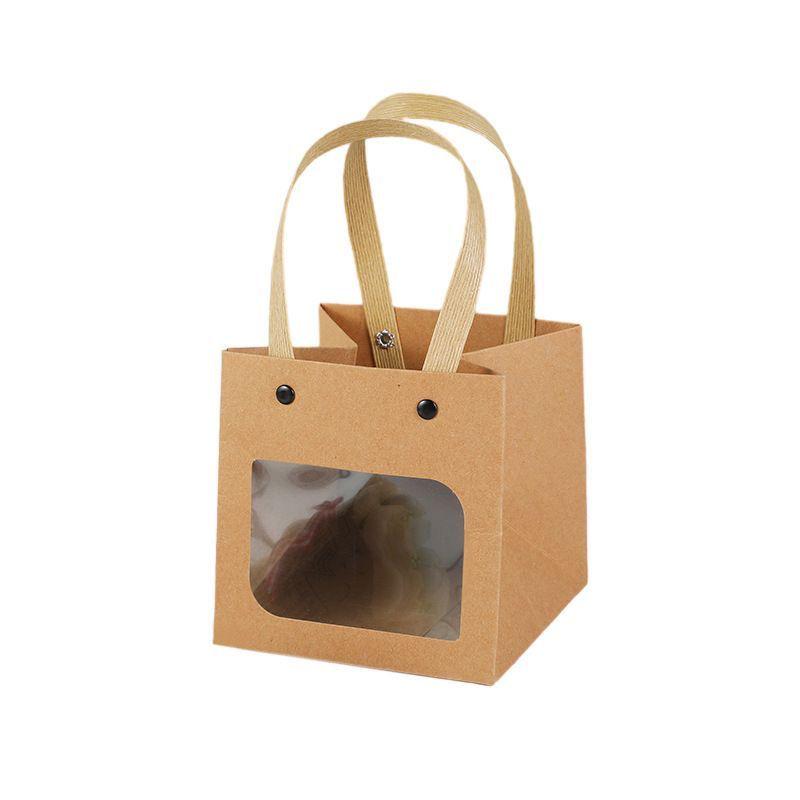 Floral Kraft Paper Tote Bag: Square Gift Bag for Teacher's Day, Available in Large and Small Sizes