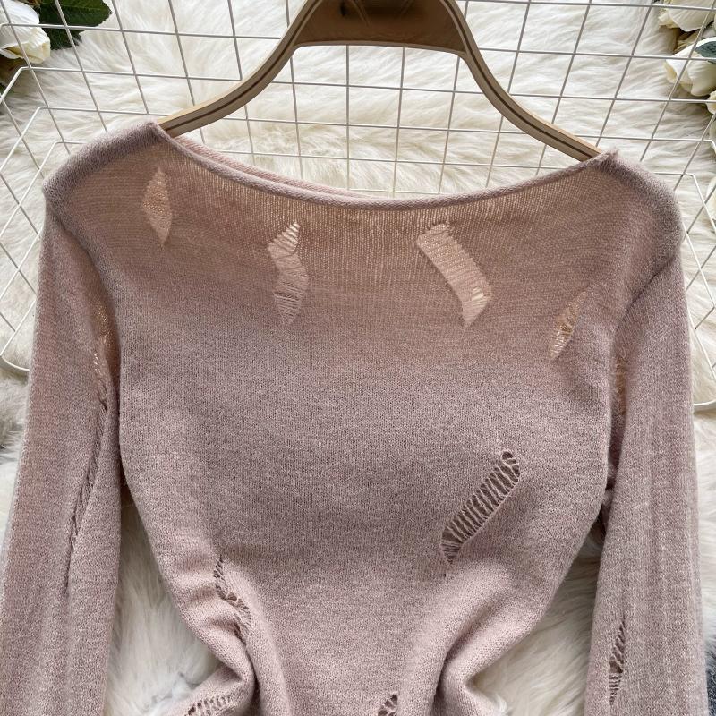 Ležérní pletený svetr Pure Desire pro ženy s dutým vintage designem, nepravidelný svetr, elegantní dámská móda s dlouhým rukávem, podkladová košile