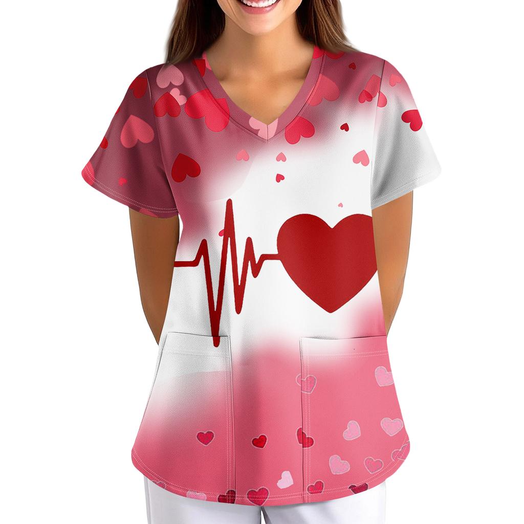 ÜbergrößeBedruckte Kasack Arbeitsuniform Oberteile für Damen V-Ausschnitt mit Überkreuzung Print Kurzarm Lustige T-Shirts Arbeitskleidung T-Shirt mit Taschen