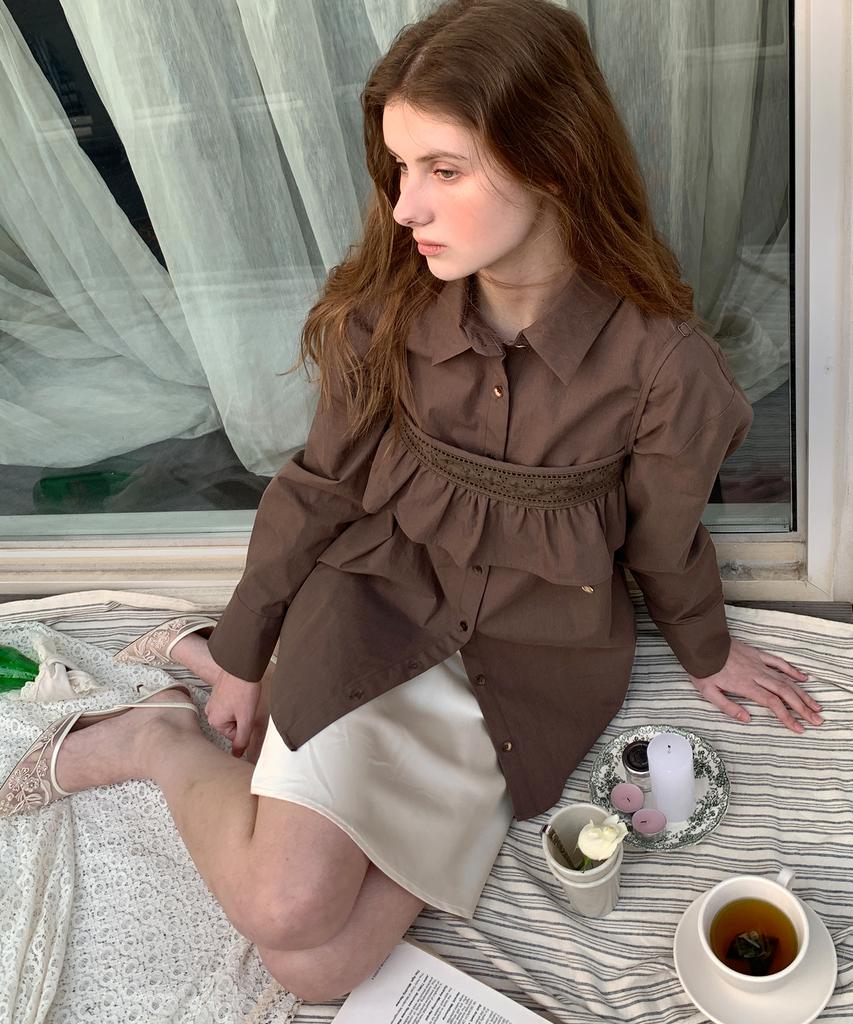 LETTER FROM MOON Blanche Layered Oversized Cotton Shirt (Brown)