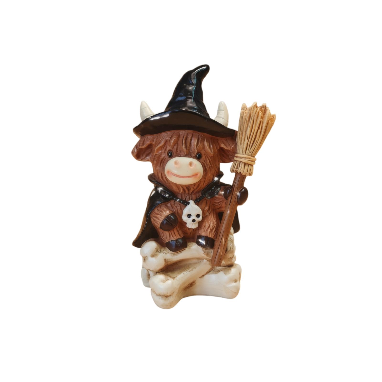 Resin Highland Cow Witch Figurine Halloween Home Decoration Magic Themed Animal Ornament Desktop Gift Sculpture