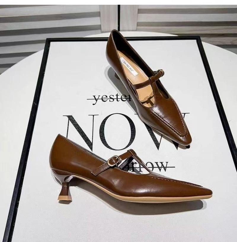 2024 Woman Fashion Pointed Toe Buckle Shoes Apricot Retro Kawaii Solid Female Shoes Flats Casual Shallow Mouth Mary Jane Shoes