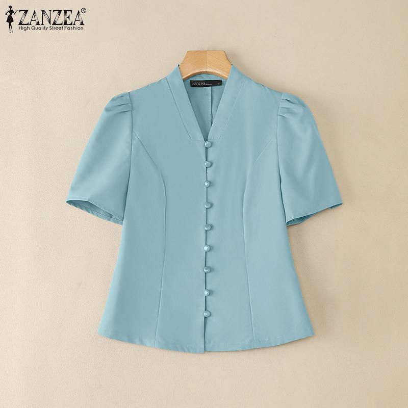 ZANZEA Blusa Casual de Verano para Mujer con Cuello en V, Manga Corta y Corte Slim