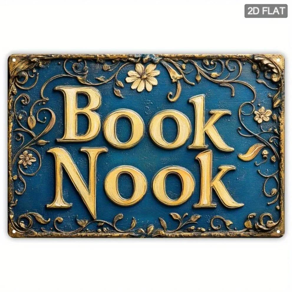 Vintage Rustic Book Nook Metal Wall Sign Floral Gold Letters Home Decor Gift