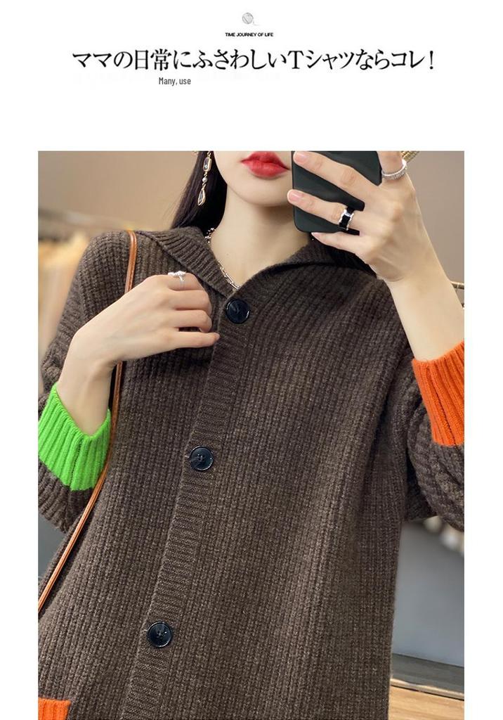 Women's Color Block Wool Trench Coat - Thick Hooded Loose Fit Cardigan