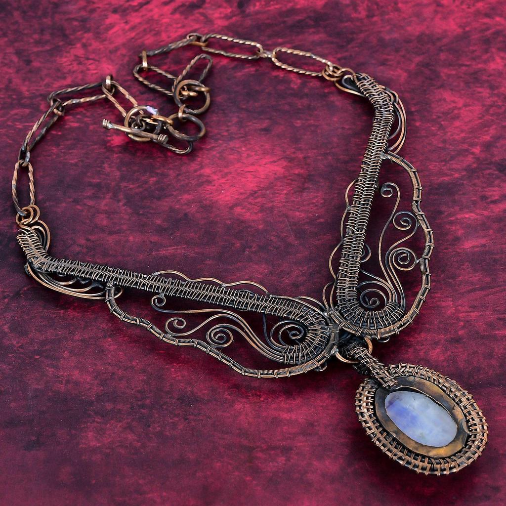 Rainbow Moonstone Necklace Adjustable Chain Necklace Copper Wire Wrapped Jewelry