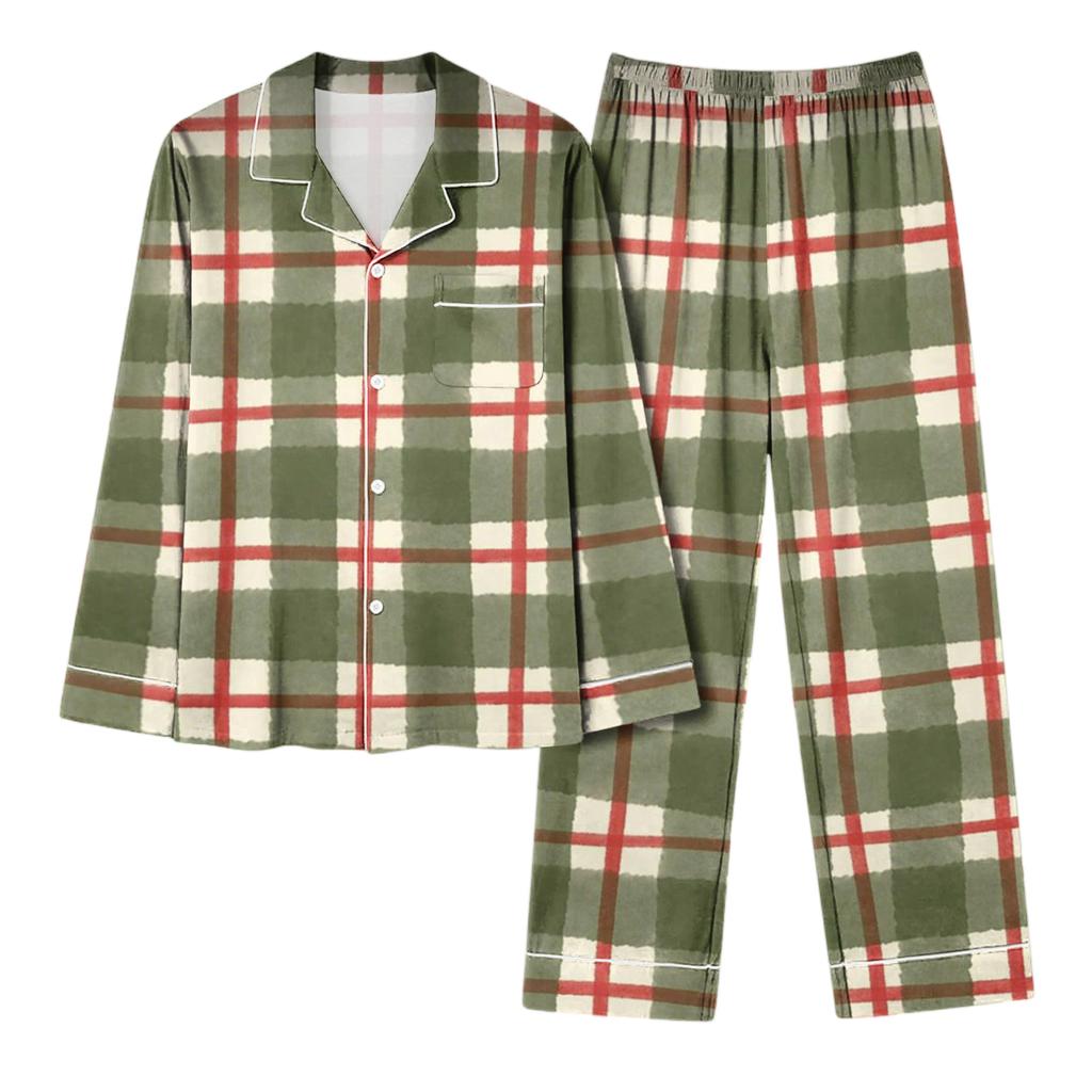 Women's Casual Fashion Plaid Patchwork Print Long-Sleeved Trousers Homewear Set