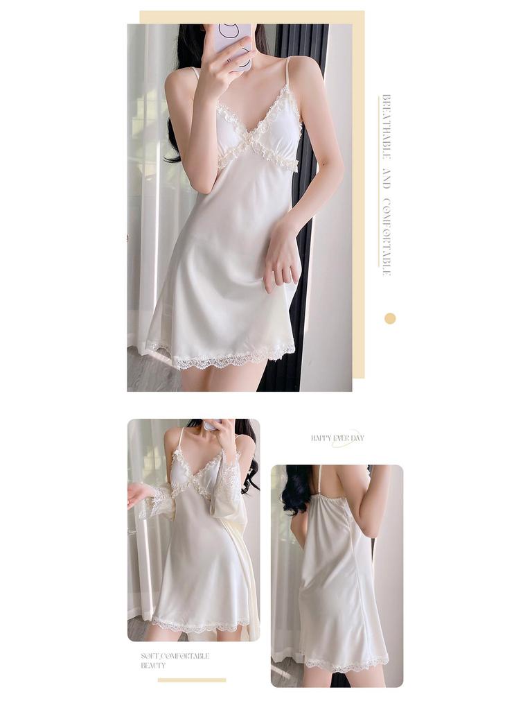 Elegant Lace Ice Silk Two-Piece Camisole Nightgown & Robe Set for Women - Spring/Summer