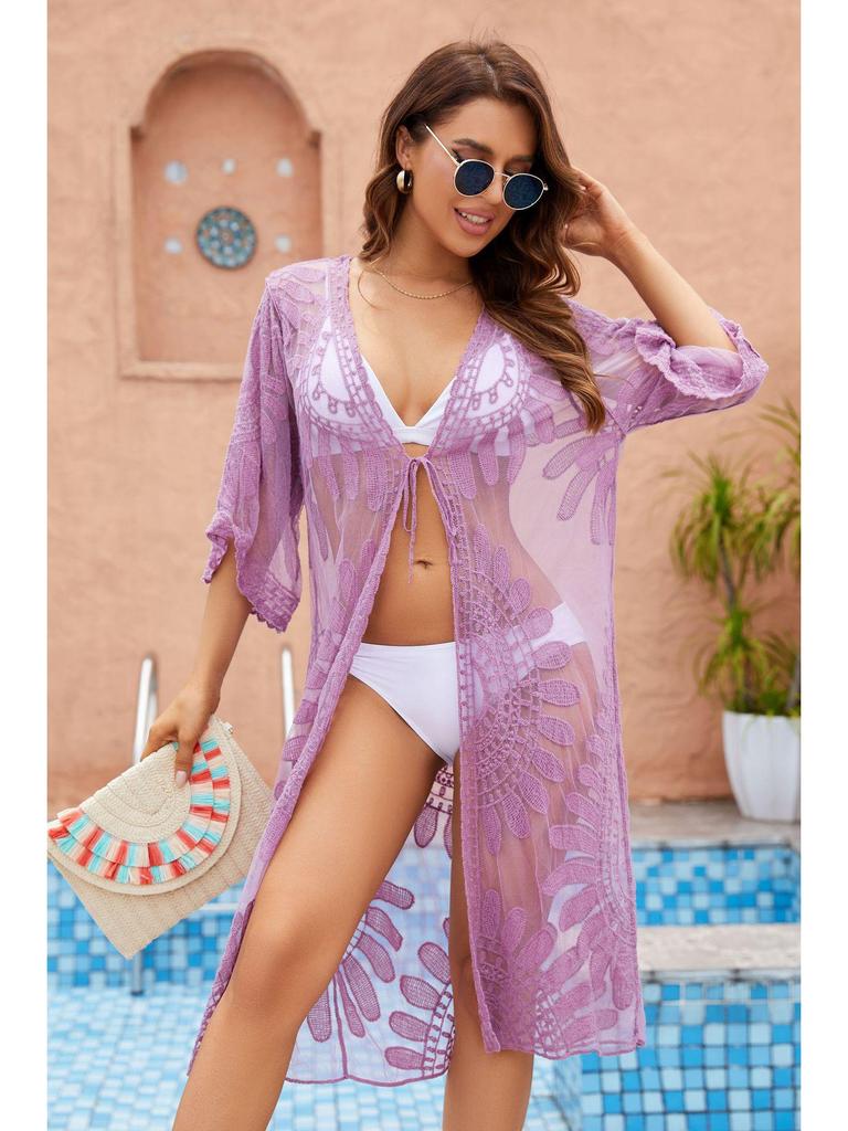 Zonnebloem Kant Geborduurde Bikini Cover-Up Cardigan