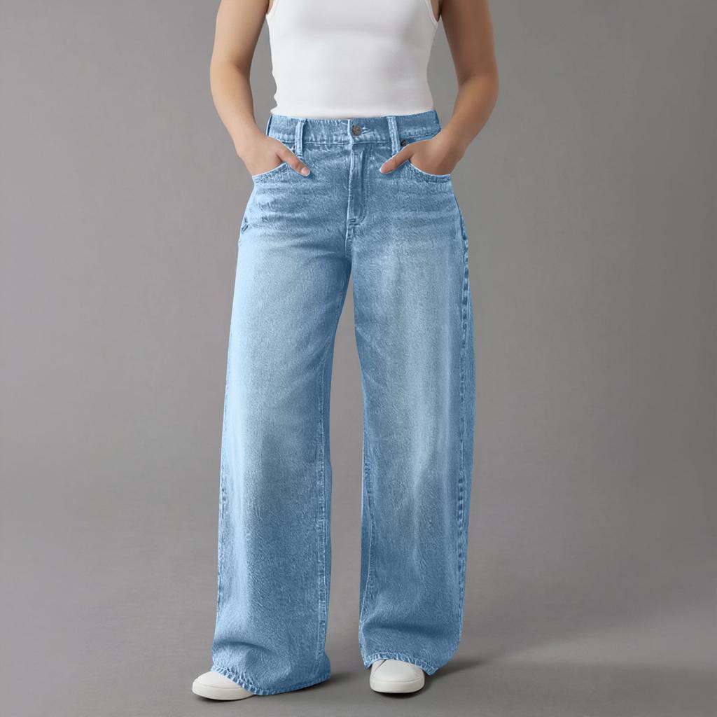 Womens High Waisted Jeans Stretchy Flared Straight Leg Loose Trendy Hem Denim Pants