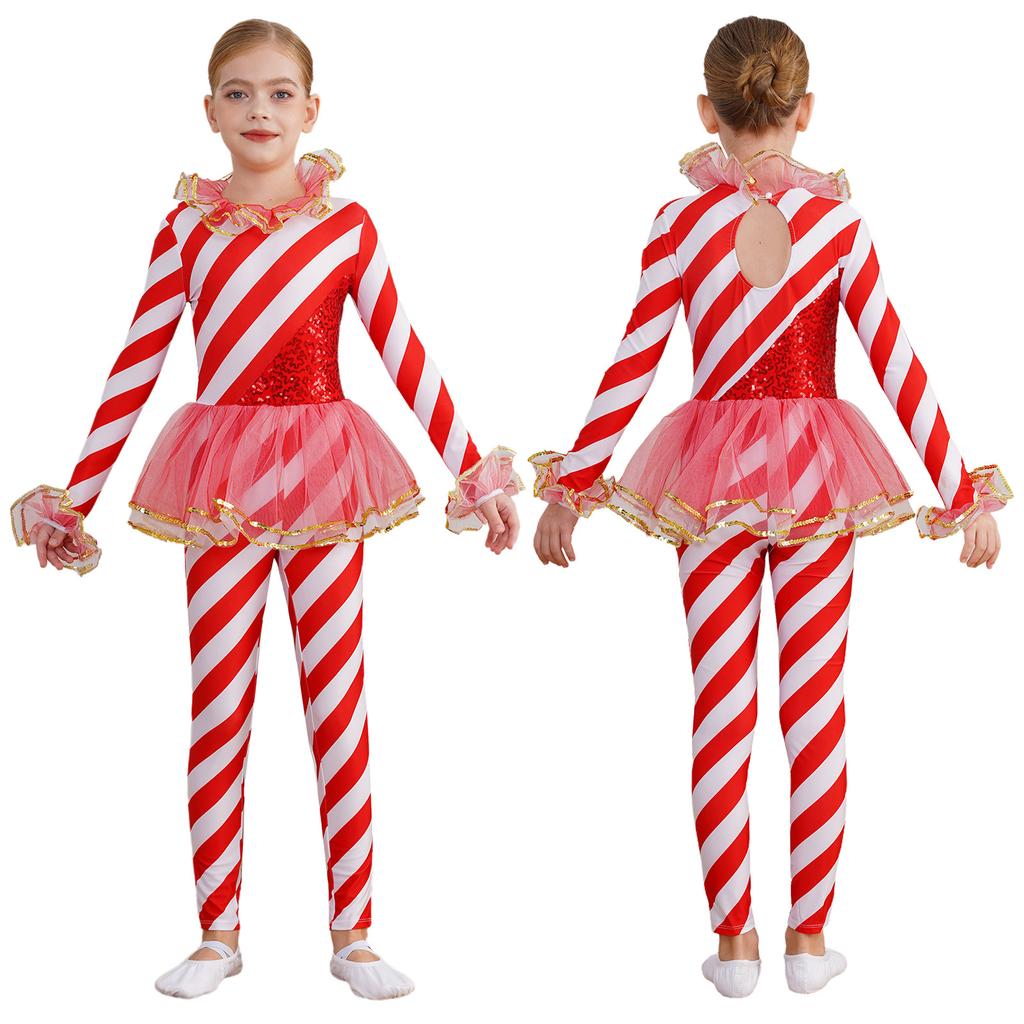 Girls Christmas Dance Jumpsuit Striped Leotard with Sequins Mesh Patchwork Round Neck Long Sleeve