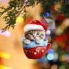 Cartoon Christmas Cup Cat Pendant Acrylic Cat Rearview Mirrors Pendant  for Car Xmas Tree Bag