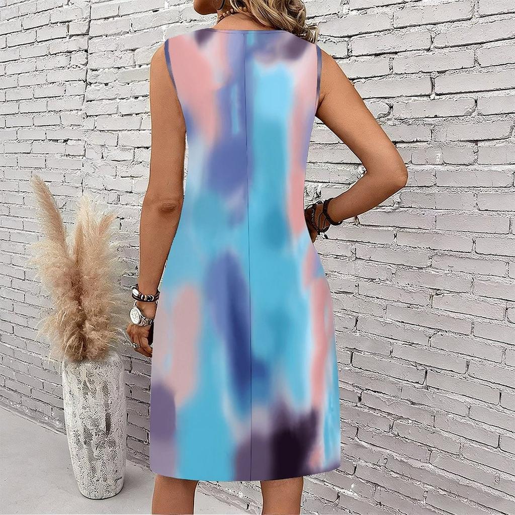 Plus Size V Neck Sleeveless Dress Creek Side Tree Shade Watercolor Print For Courtyard Leisure Time