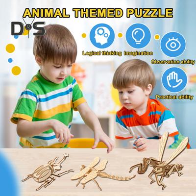3D Animal Puzzle Toy DIY Handmade Wooden Mini Butterfly Dragonfly Bee Beetle Cricket Puzzle Game Kids Adults Educational Critter Assembly Toy