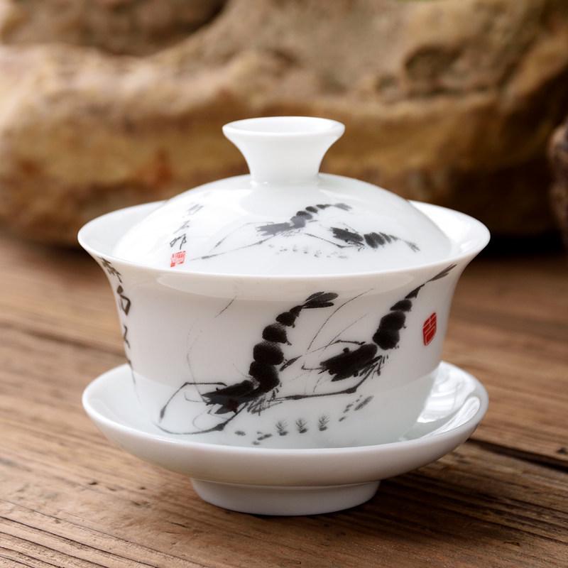 Blue and White Ceramic Gaiwan Tea Set: Small Tea Bowl & Tasting Cup with Concave Lid.