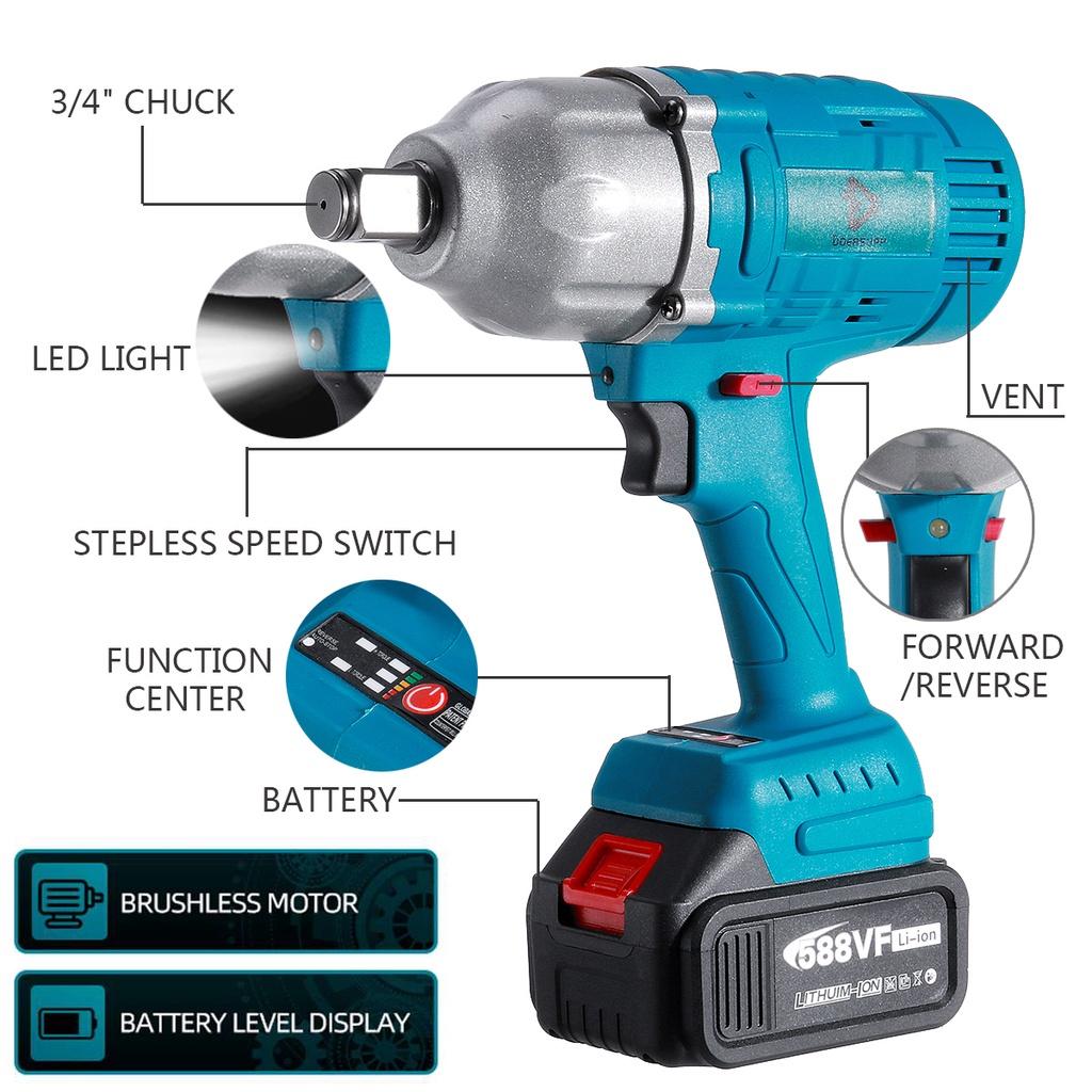 2000N.M Ασύρματο ηλεκτρικό κρουστικό κλειδί 3/4 ιντσών Υποδοχή Ηλεκτρικά εργαλεία 588Vf Li Battery +φωτισμός LED Προσαρμόζεται σε Makita 18V