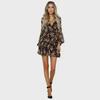 European & American Women's Long-Sleeve V-Neck Strappy Floral Dress