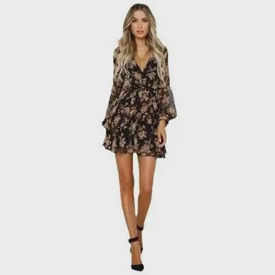 European & American Women's Long-Sleeve V-Neck Strappy Floral Dress