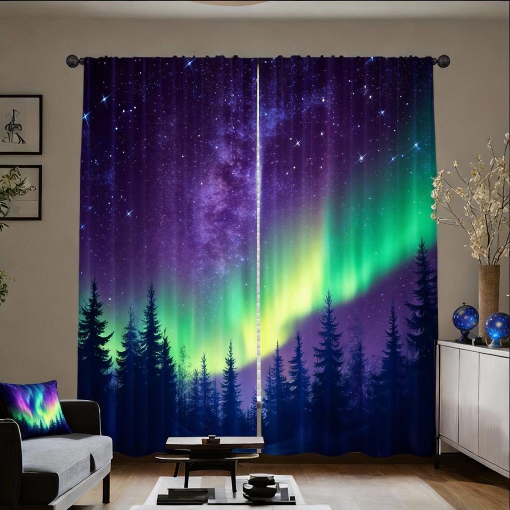 Aurora Borealis Curtains 2pcs – Colorful Northern Lights & Tree Silhouettes, Mystical Nature Art for Home Decor