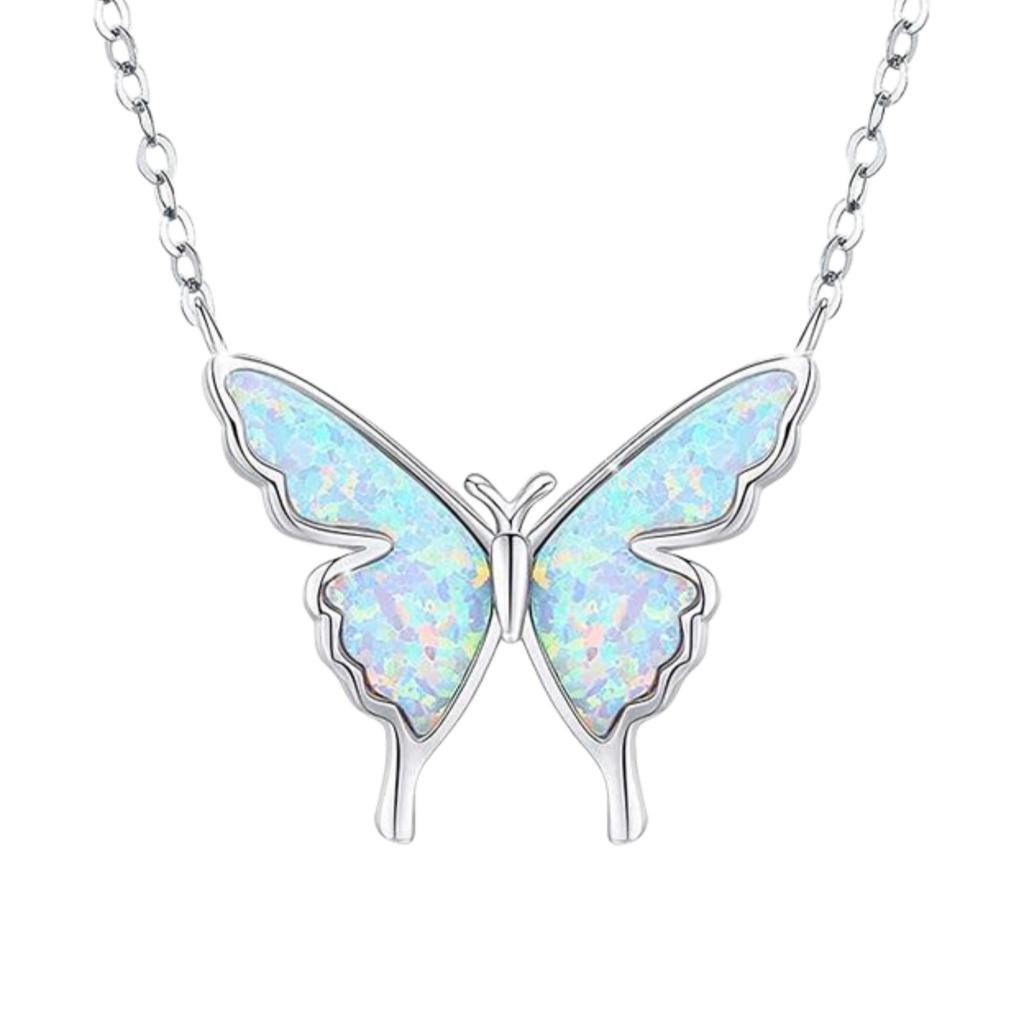 Iridescent Opal Butterfly Pendant Necklace with Silver Sweater Chain