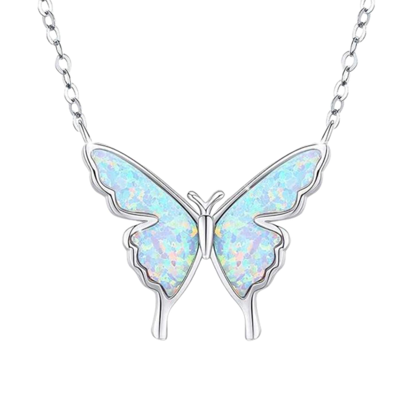 Iridescent Opal Butterfly Pendant Necklace with Silver Sweater Chain 20inches&Fashion