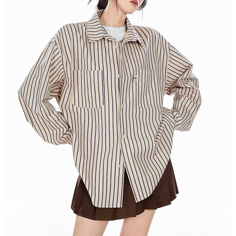 American Retro Striped Turn-Down Collar Shirt Jacket, Spring 2025 Collection, Casual Loose Long Sleeve Top.