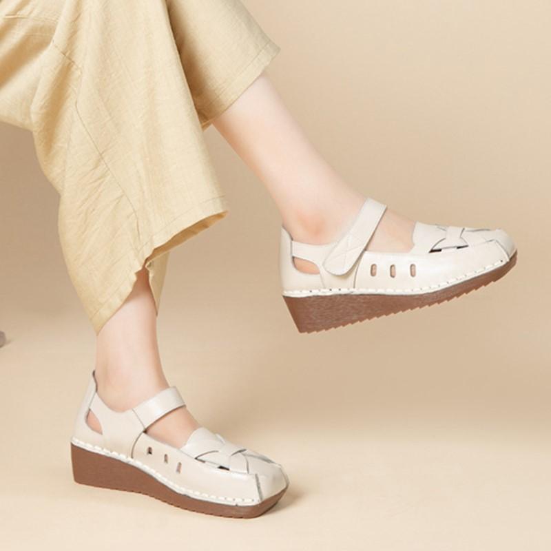 Johnature Retro Wedges Sandals Genuine Leather Breathable Shallow Soft Soled Women's Shoes