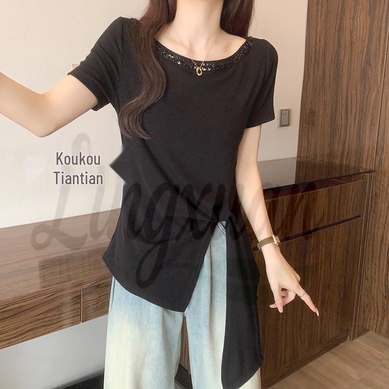

2026 Plus Size Women s Chic Sequined Lace-Up Short-Sleeve T-Shirt 2XL чёрный