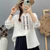 Women's Long Sleeve Embroidered Cotton Shirt, Ethnic Style, Loose Fit, Retro, Slimming Temperament Top