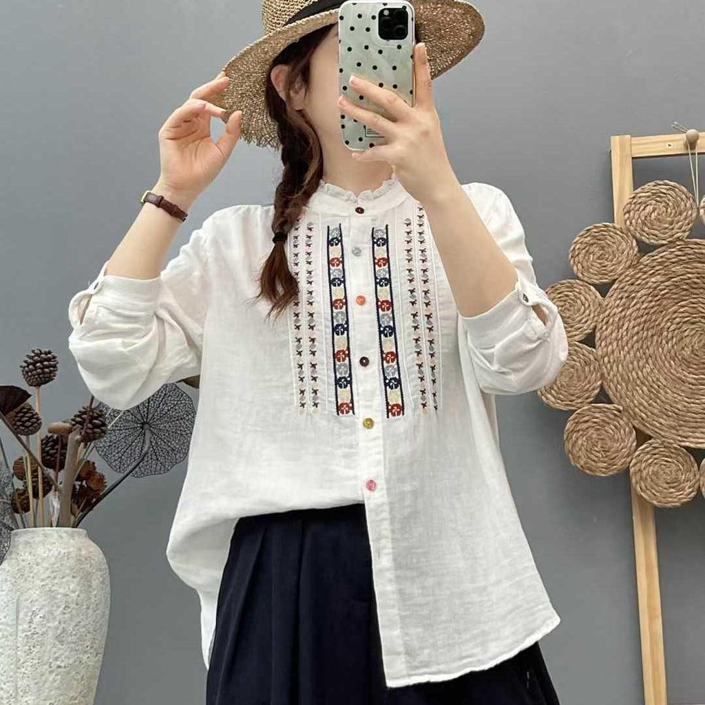 Women's Long Sleeve Embroidered Cotton Shirt, Ethnic Style, Loose Fit, Retro, Slimming Temperament Top