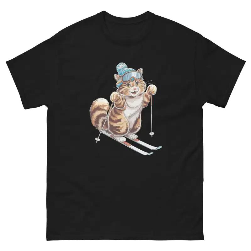 Cat Skiing Graphic Tee Unisexs Winter Sports Cotton TShirt Cute Skier Trip Top
