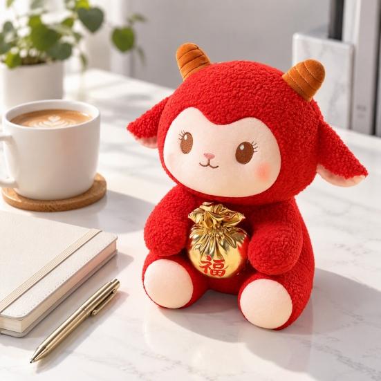 Lunar New Year Decoration Lucky Bag Sheep Plush Toy, Chinese Zodiac Festive Holiday Ornament Lamb Doll, Red Fluffy Mascot for Spring Festival,