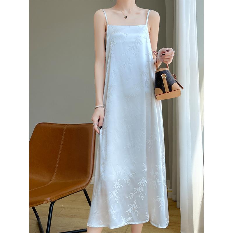 Summer High-end Acetic Acid Satin Dress for Women Light Luxury Niche Jacquard Midi Skirt Fashionable Versatile Suspender Skirt