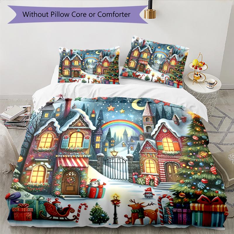 3pcs Christmas Street Bedding Set Duvet Cover Closure Includes 1 Duvet Cover & 2 Pillowcases, Soft and Comfortable for All Seasons.