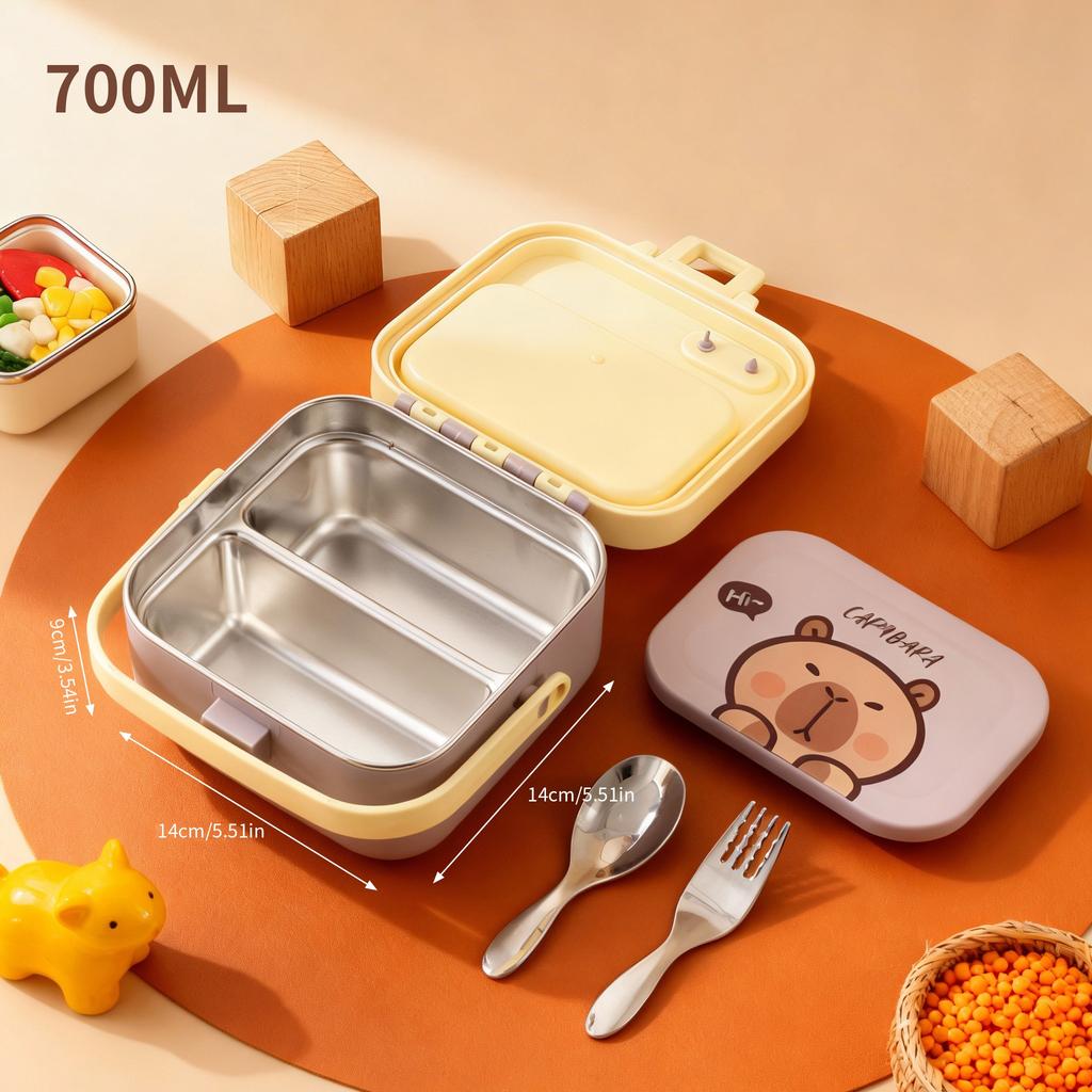 Quadratische 304 Edelstahl Bento Lunchbox mit Besteck & Griff Tragbarer Cartoon Obstsalat Lebensmittelbehälter für Kinder Schüler