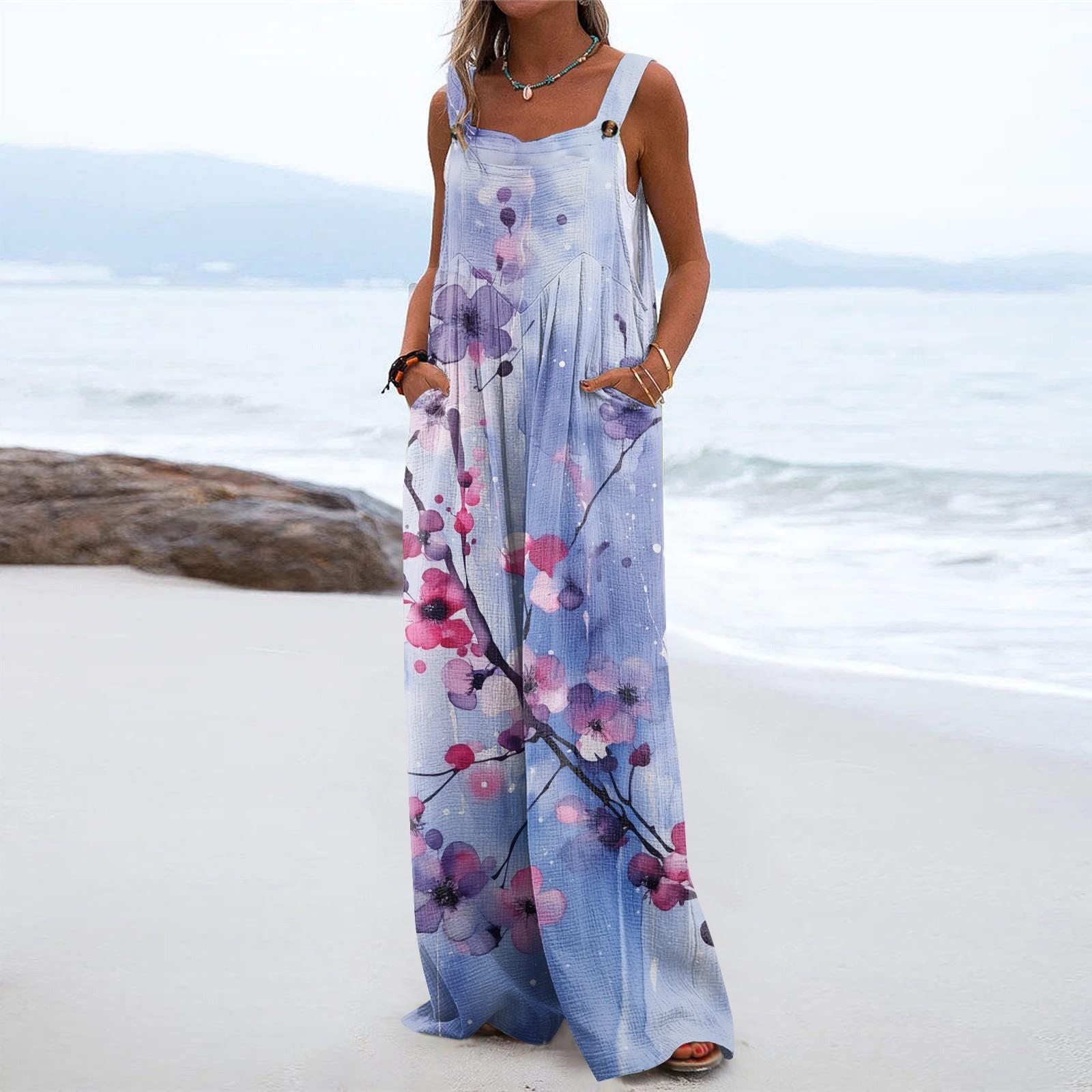 

Женский комбинезон с широкими штанинами, повседневный свободный комбинезон без рукавов, длинные брюки с длинными брюками и карманами на пуговицах с обычным принтом XL фиолетовый