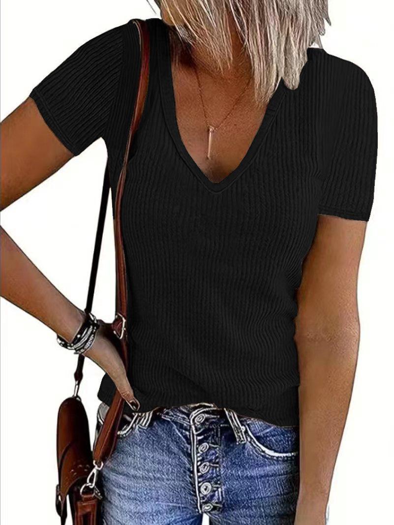 

2025 Women s Soft V-Neck Short-Sleeve Solid T-Shirt M чорний