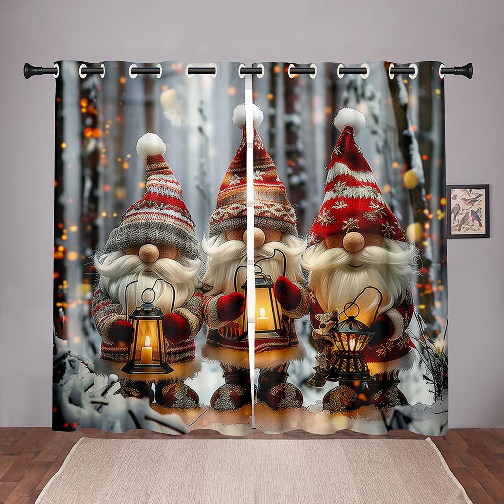 Vánoční gnomské závěsy 2 panely 3D tisk Zatemňovací Zimní dekorace Ložnice Obývací pokoj Severský trpaslík Lucerna Sněhová scéna Svátek