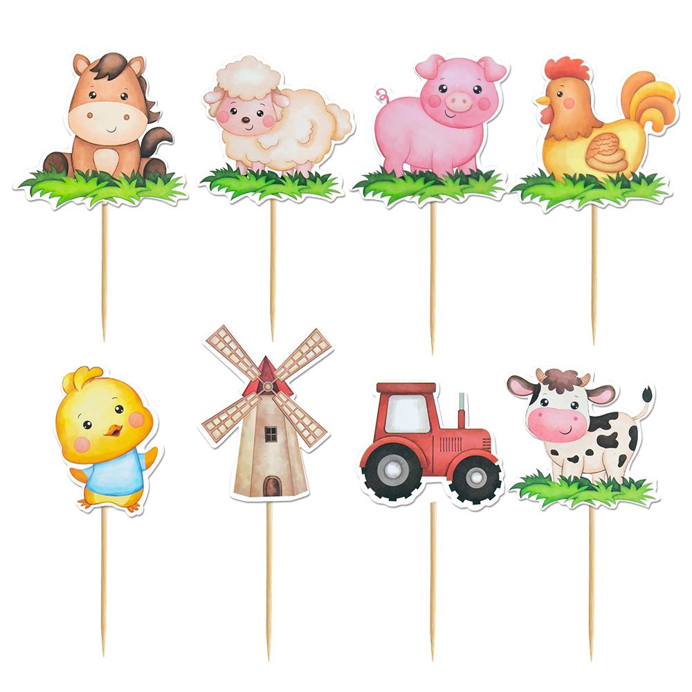 8pcs Farm Animal Cake Decoration Cow Pig Chick Sheep Figures Tractor Cake Topper Kids First Birthday Party Farm Themed Decor