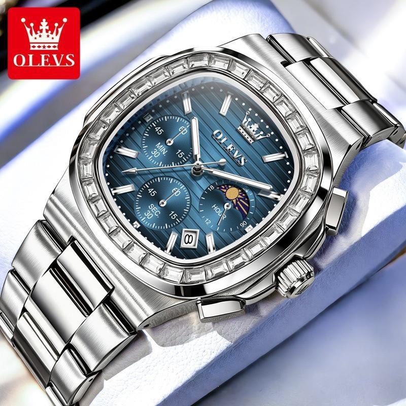 Men Square Diamond Bezel Quartz Watch Moon Phase Date Chronograph Luminous Waterproof Wrist Watch
