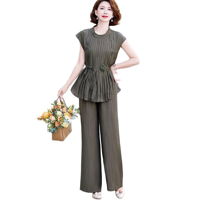 Chic Chiffon Suit: Round Neck Top & Wide-Leg Pants for Women 2026