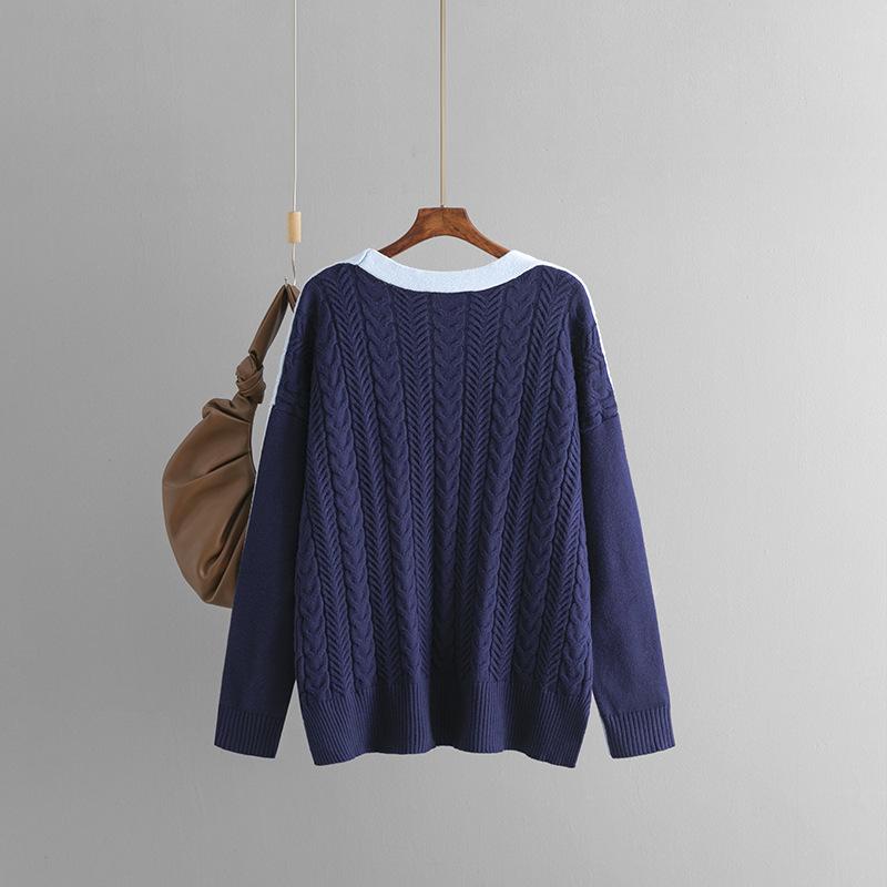 Autumn Winter Vintage Loose Long Sleeve Top Block Color Cardigan Pullover Knitwear Twists V-neck Sweater