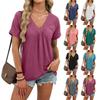 European Style Women Clothing Spring and Summer Solid Color V-Neck Casual Pleated Short Sleeve T-Shirt