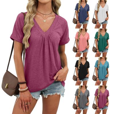 European Style Women Clothing Spring and Summer Solid Color V-Neck Casual Pleated Short Sleeve T-Shirt