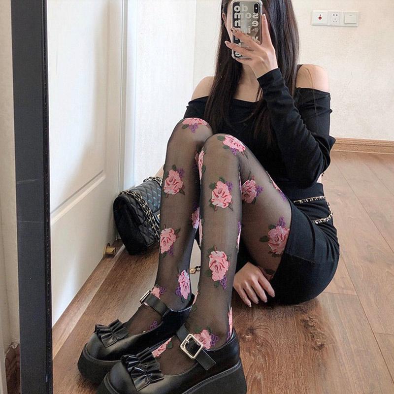 Female Hosiery Printed Rose Stockings Pink Black Floral Tights Thin Mesh Pantyhose Girls Spring Summer Sexy Tights For Women